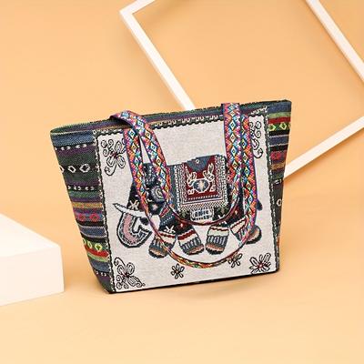 Stylish Ethnic Jacquard Handbag with Zipper Closure, Foldable & Durable for Work or Casual Outings, Work Handbag | Unique Fashion Accessory