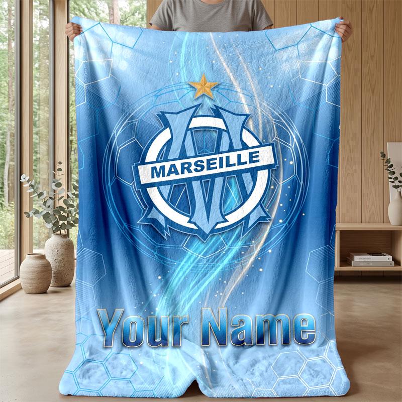 Olympique Marseille FC Custom Name Text Flannel Blanket Soccer Logo Personalized Fleece Throw Blanket Special Gift For Sofa Bedroom Home