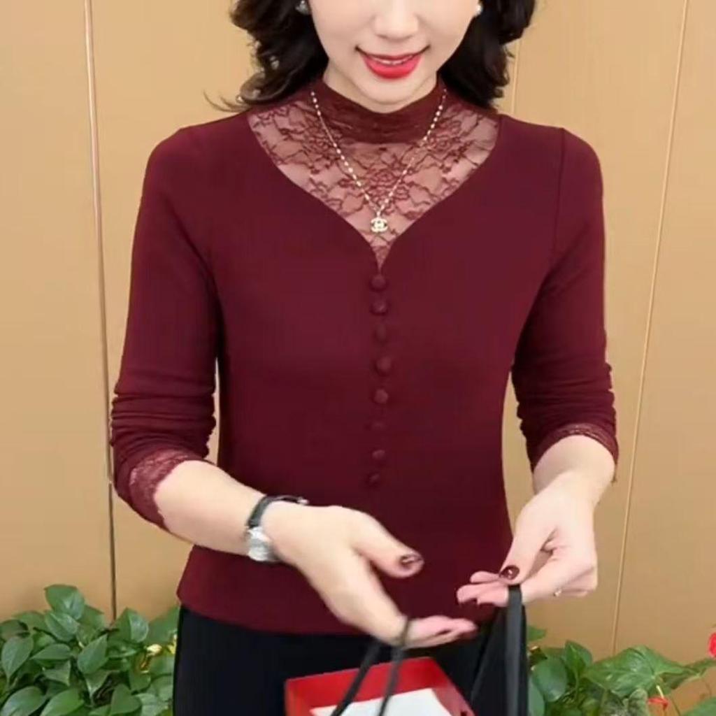 Chic Lace Mesh High Neck Long Sleeve Tummy-Concealing Top for Women