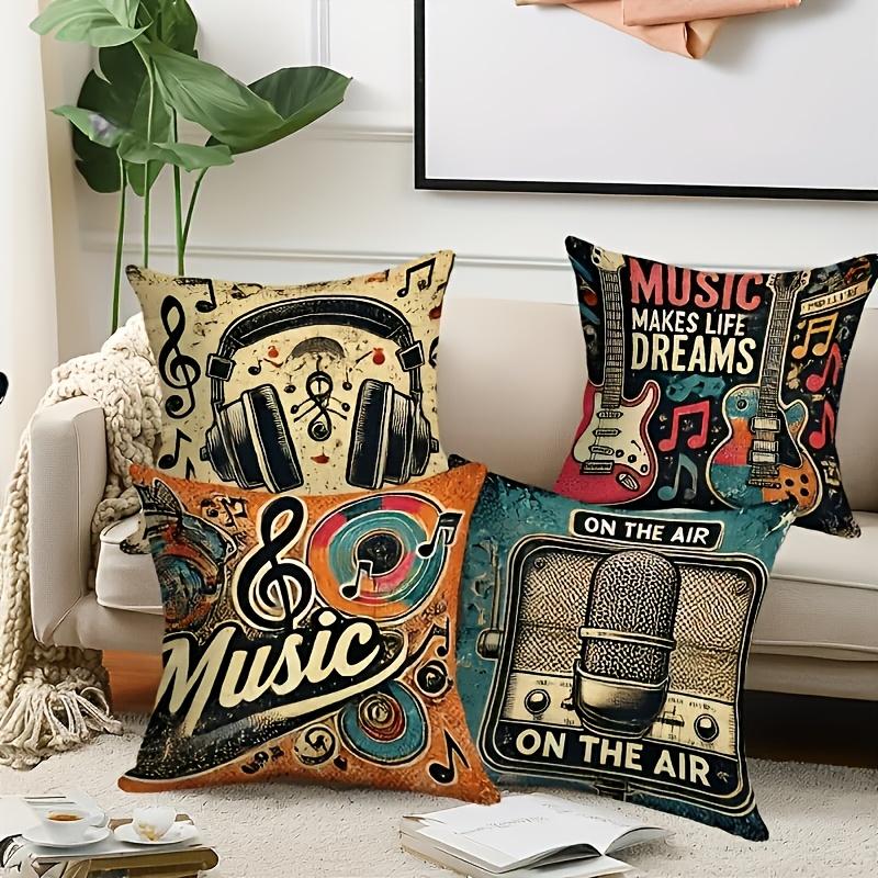 4pcs Retro Music Theme Pillow Covers Suitable for Living Room & Bedroom Decor, Double-Sided Square Cushion Covers with Guitar Headphone Microphone Pri
