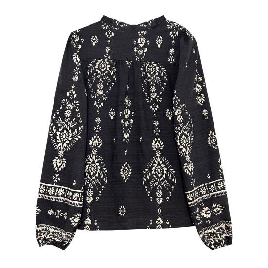 Women Shirt Ruffle Trim Neckline Long Sleeve Imitation Pearl Buttons Shirt Tops Spring Summer