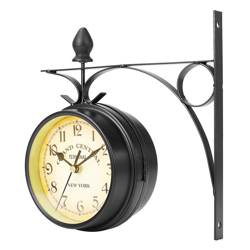 Double Sided Round Wall Mount Station Clock Garden Vintage Retro Home Decor Metal Frame + Glass Dial Cover for Christmas Gift