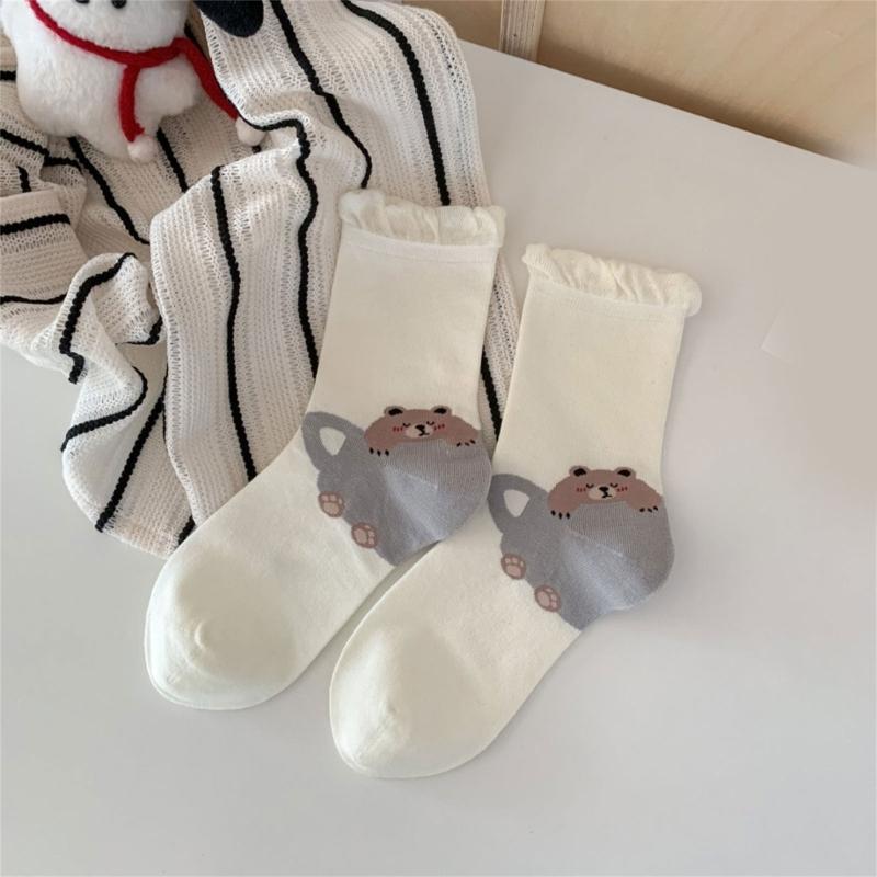 Fashionable Middle Calf Socks with Cartoon Animal Designs in Soft Cotton Bubble Cuffs Crew Socks Hosiery for Women Teens