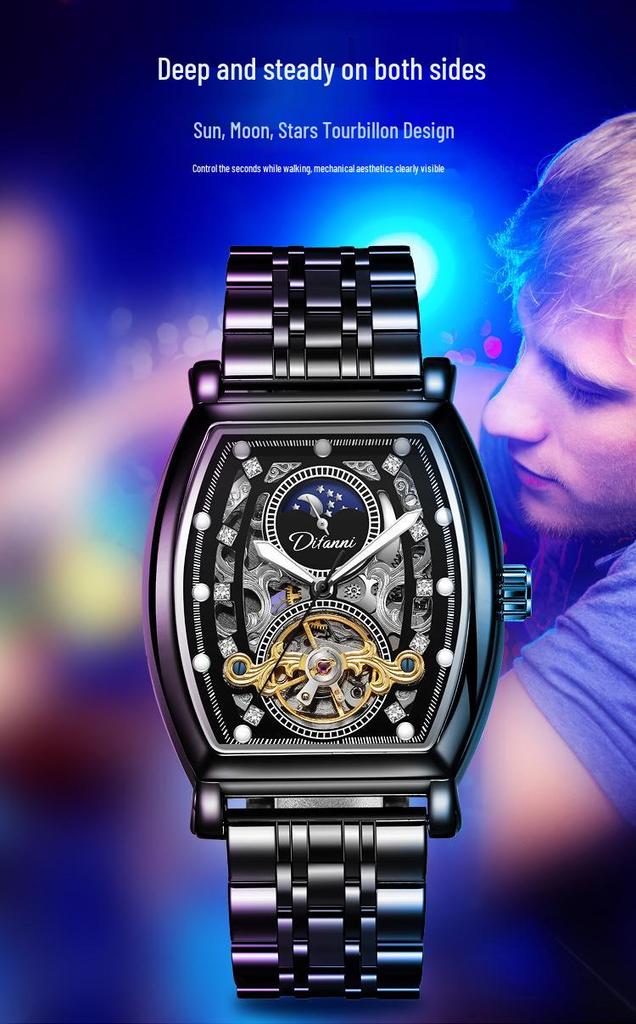 Orologio Automatico Tourbillon da Uomo Durenwei - Forma a Barile, Design Cielo Stellato Giorno/Notte