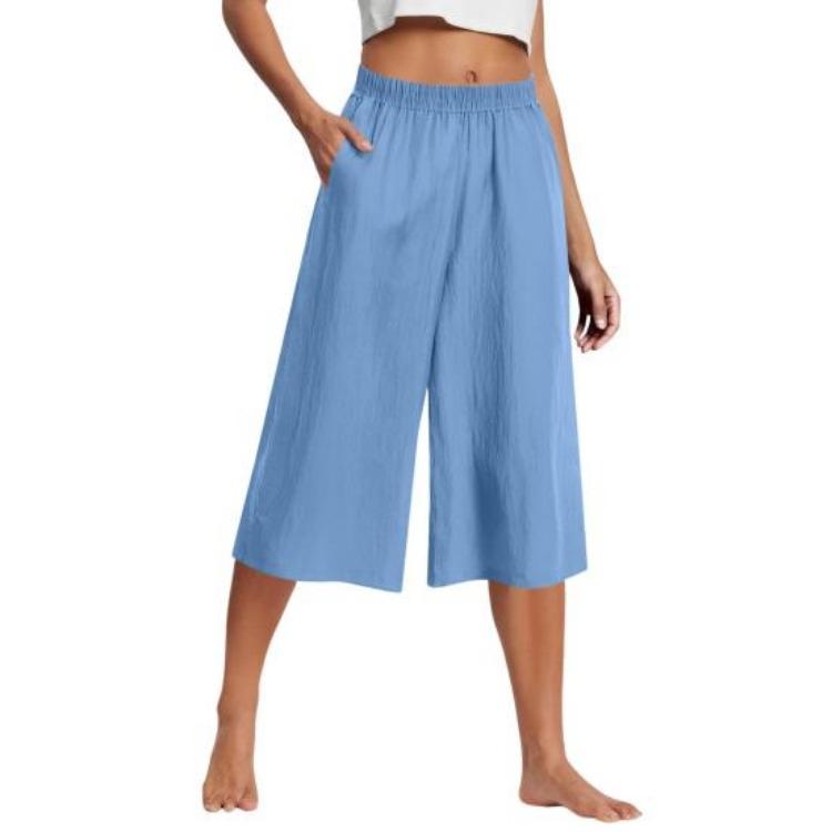 

High Waist Cropped Casual Pants Elastic Wide Leg Straight Trousers Solid Color Loose Fit with Pockets S небесно-голубой