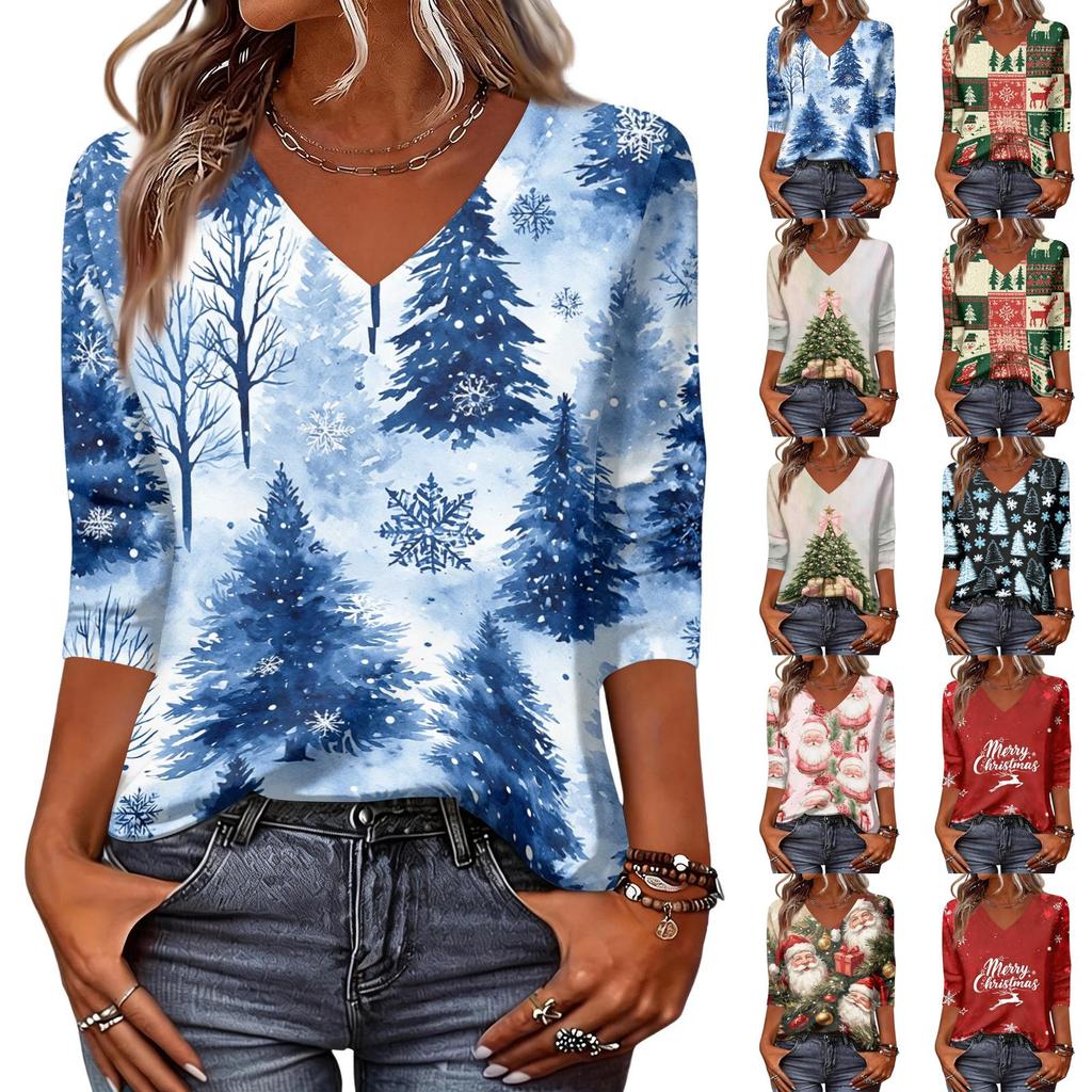 Women's Christmas Print V-Neck Three-Quarter Sleeve Loose Fit Casual Shirt