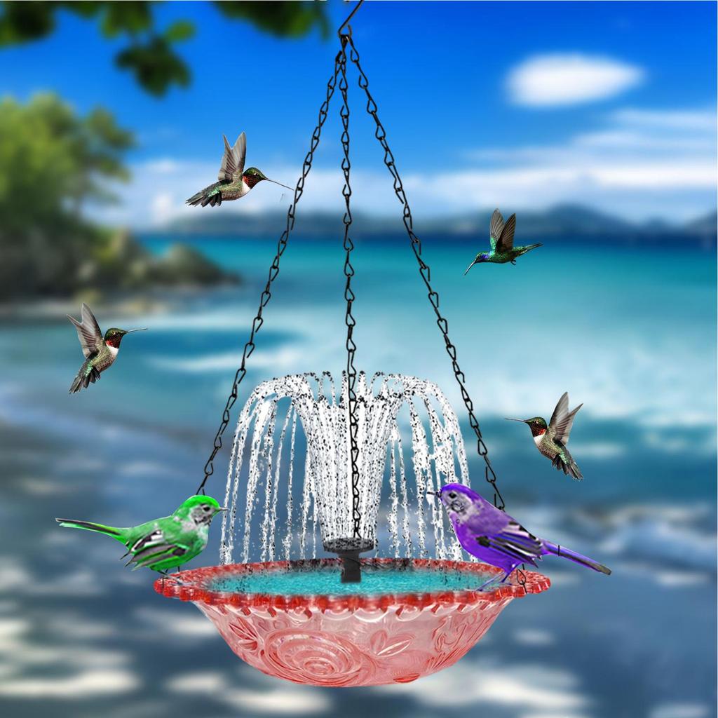 Bird Bath with Water Fountain Pump Solar Powered Hangable Bird Feeder Garden Decorations for Nature Lovers Deck Backyard