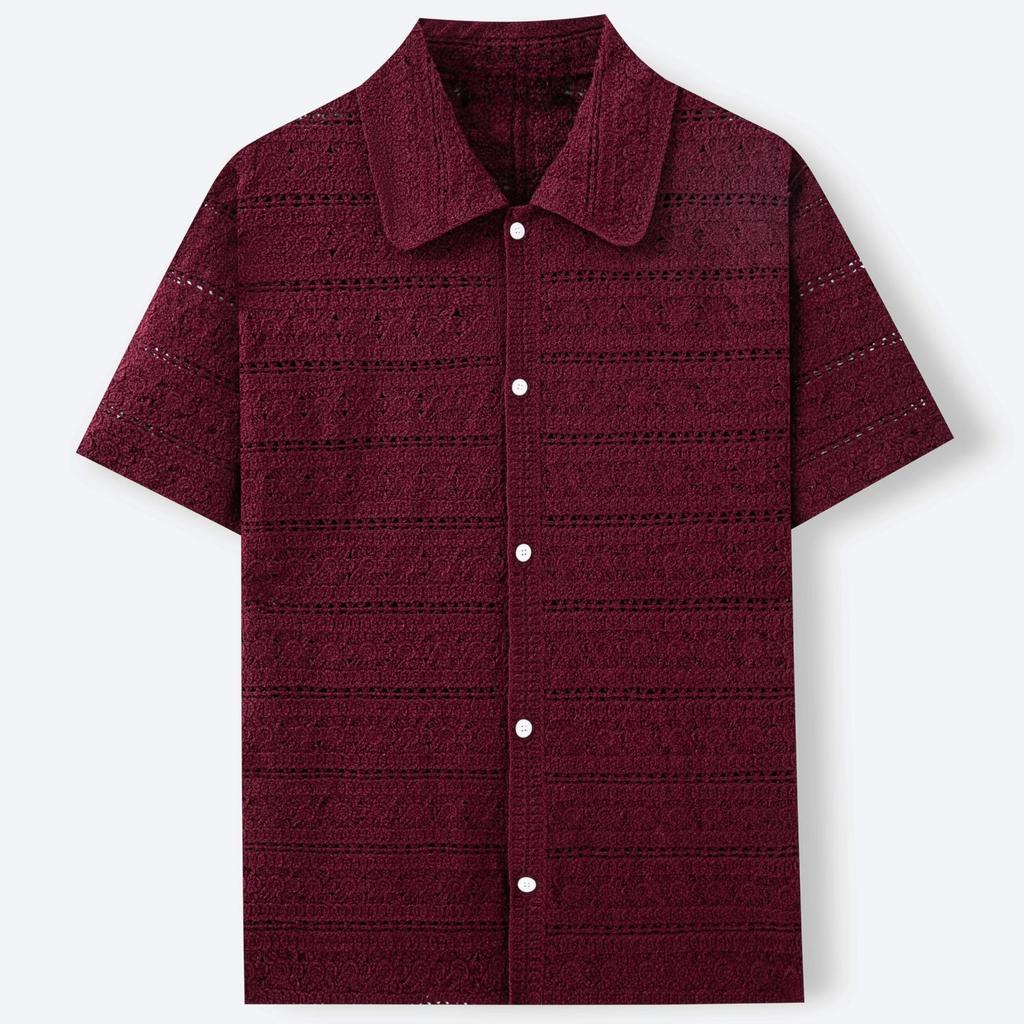 Men's Summer Short Sleeve Vintage Knitted Shirts Golf Beach Collared Shirts Tops Casual Button Down Crochet Hollow Out Beach Vacation Shirt for Male