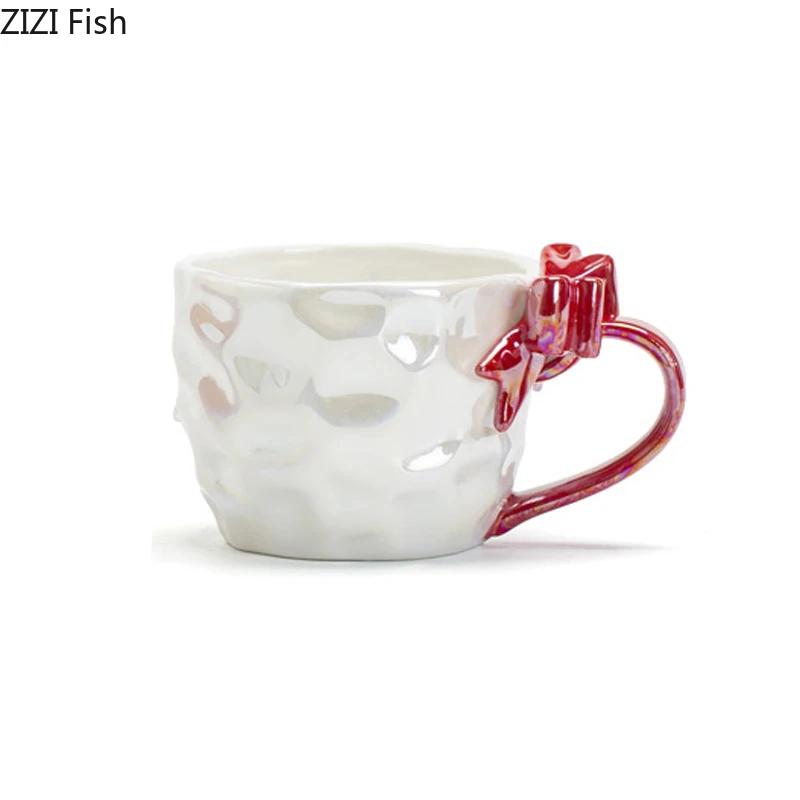 Pearl Color Glazed Porcelain Cups Lovely Bowknot Cup Handle Coffee Mug Dining Table Milk Mugs Afternoon Tea Teacup Juice Cup