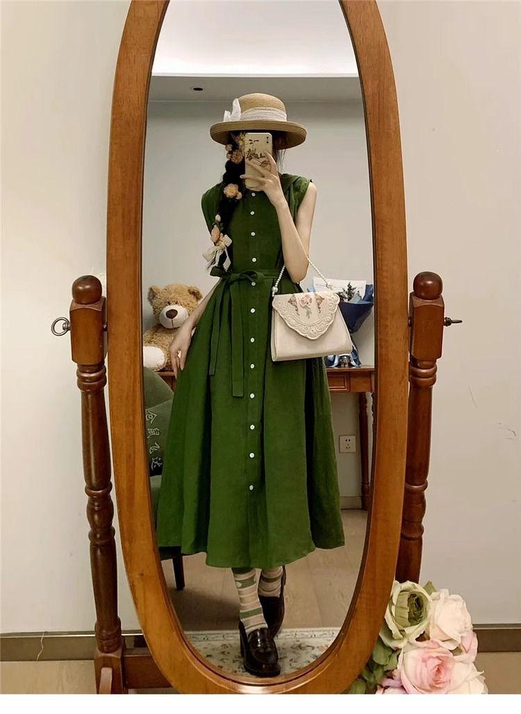 

Green sleeveless shirt dress women s summer new high-end design sense loose and thin lace-up temperament long skirt S зелёный