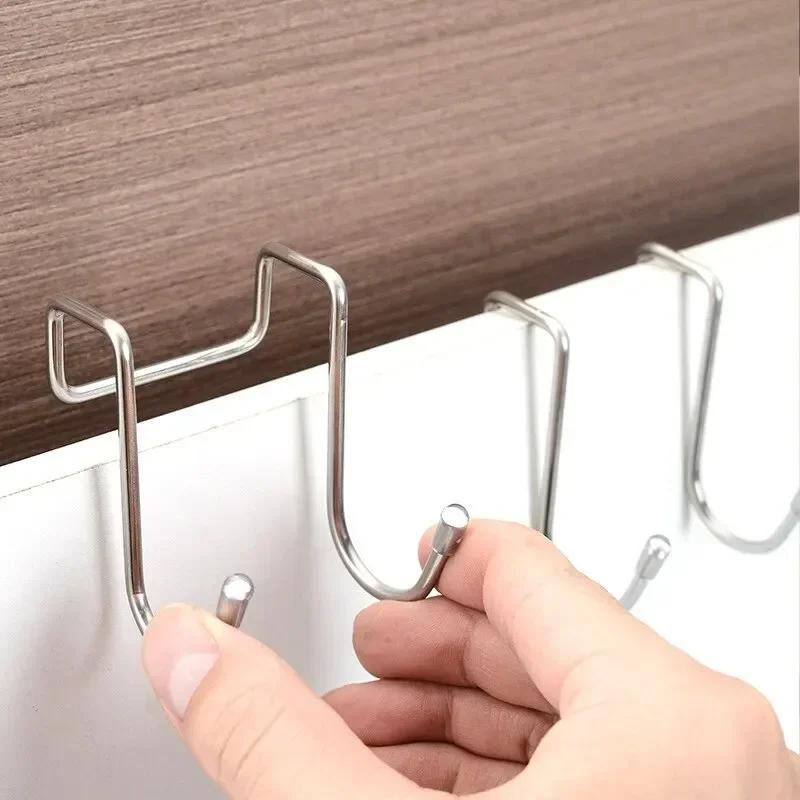 4/8pc-S-shaped Cabinet Door Hooks Stainless Steel Punch-Free Behind Door Hanger Holder Home Kitchen Bathroom Door Organizer Hook