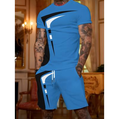 T-shirt da uomo a blocchi di colore blu e nero con stampa a linee geometriche, Set sportivo e alla moda in due pezzi