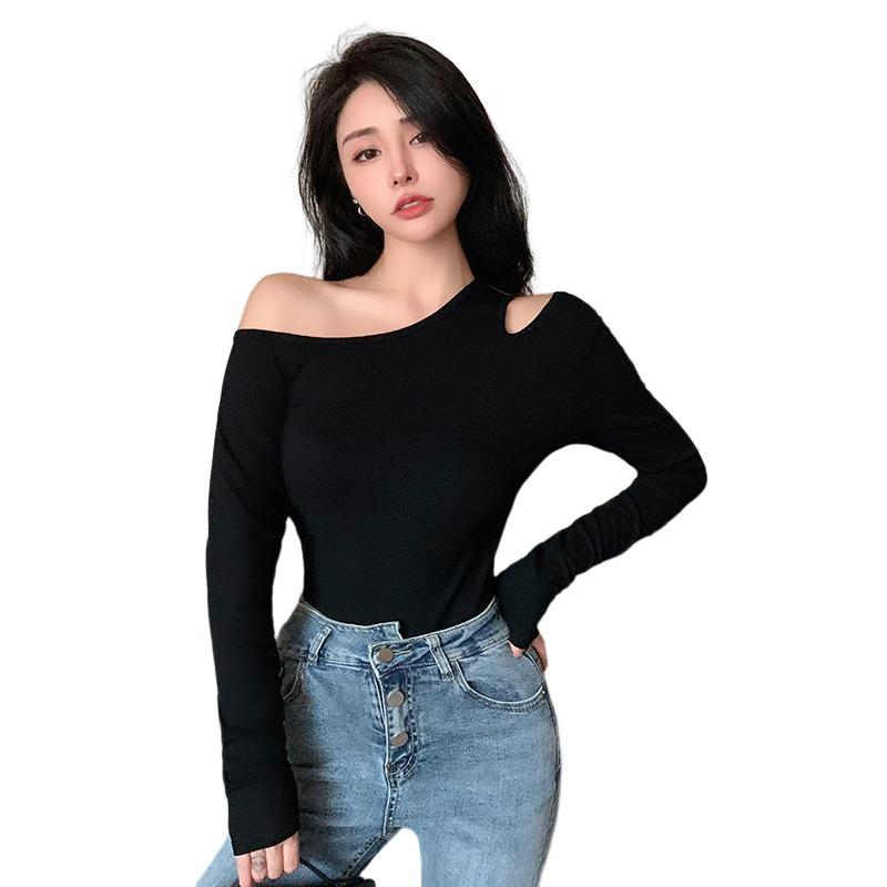 Módní pletené tričko s dlouhým rukávem odhalující ramena Jaro Podzim Černé Asymetrický límec Krátké Vnitřní Ležérní Trička Elegantní Základní Slim Fit Oblečení