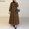 ZANZEA Women Casual Round Neck Solid Color Long Sleeve Long Dress