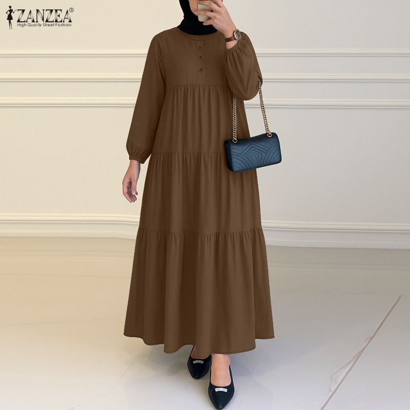 ZANZEA Women Casual Round Neck Solid Color Long Sleeve Long Dress