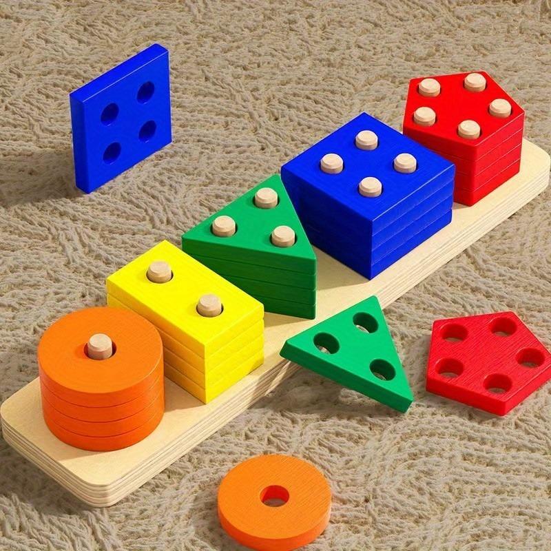 1SET Children's Recycled Wooden Stacked Toys - Educational Color and Shape Classification Puzzles To Develop Fine Motor Skills