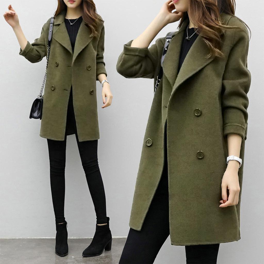 Women's Long-length Autumn Coat, Double-breasted, Long Sleeves, Solid Color
