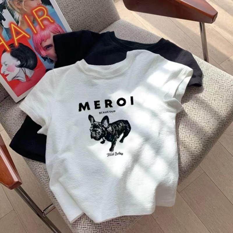 Summer new niche letter dog print design short-sleeved t-shirt women s casual versatile Spice Girl short-sleeved top S