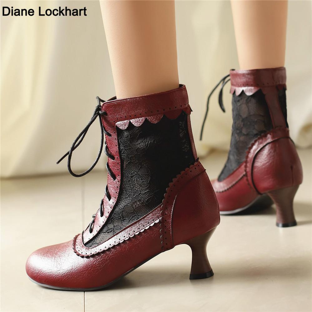 Fashion 2025 New Lace Up Hollow Mesh Victorian Ladies High Heel Shoes Strange Steampunk Boot Ankle Boots Women Thick Soled Short Boots