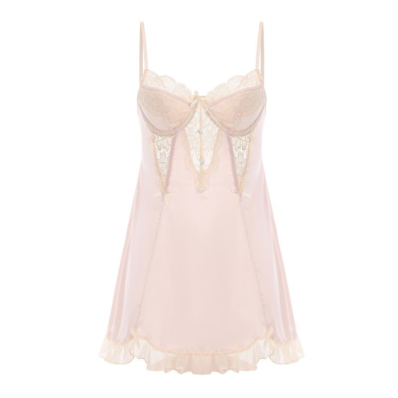 Women’s Satin Lace Sleep Dress Backless Cami Nightdress with Floral Mesh and Padded Underwire Bra