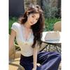 Kumikumi Sweet Gyaru Style Lace Stitching V-neck Short sleeve T-shirt Women Summer Slim fit Slimming Gray All-Match Top