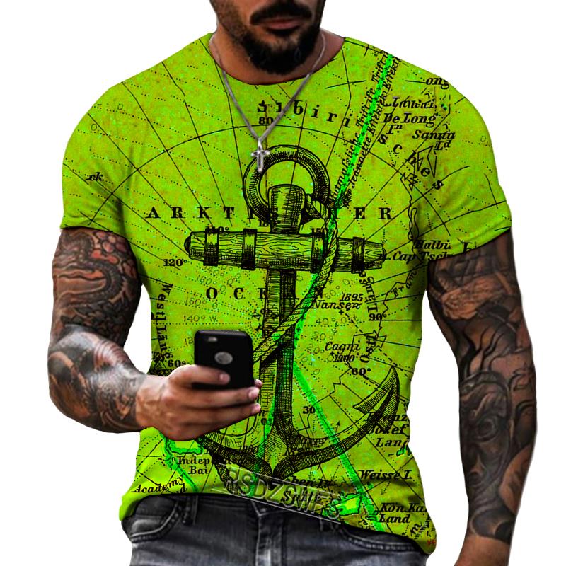 Summer Round Neck 3D Anchor Pattern Print Top Fashionable Casual Short Sleeved Men's T-shirts