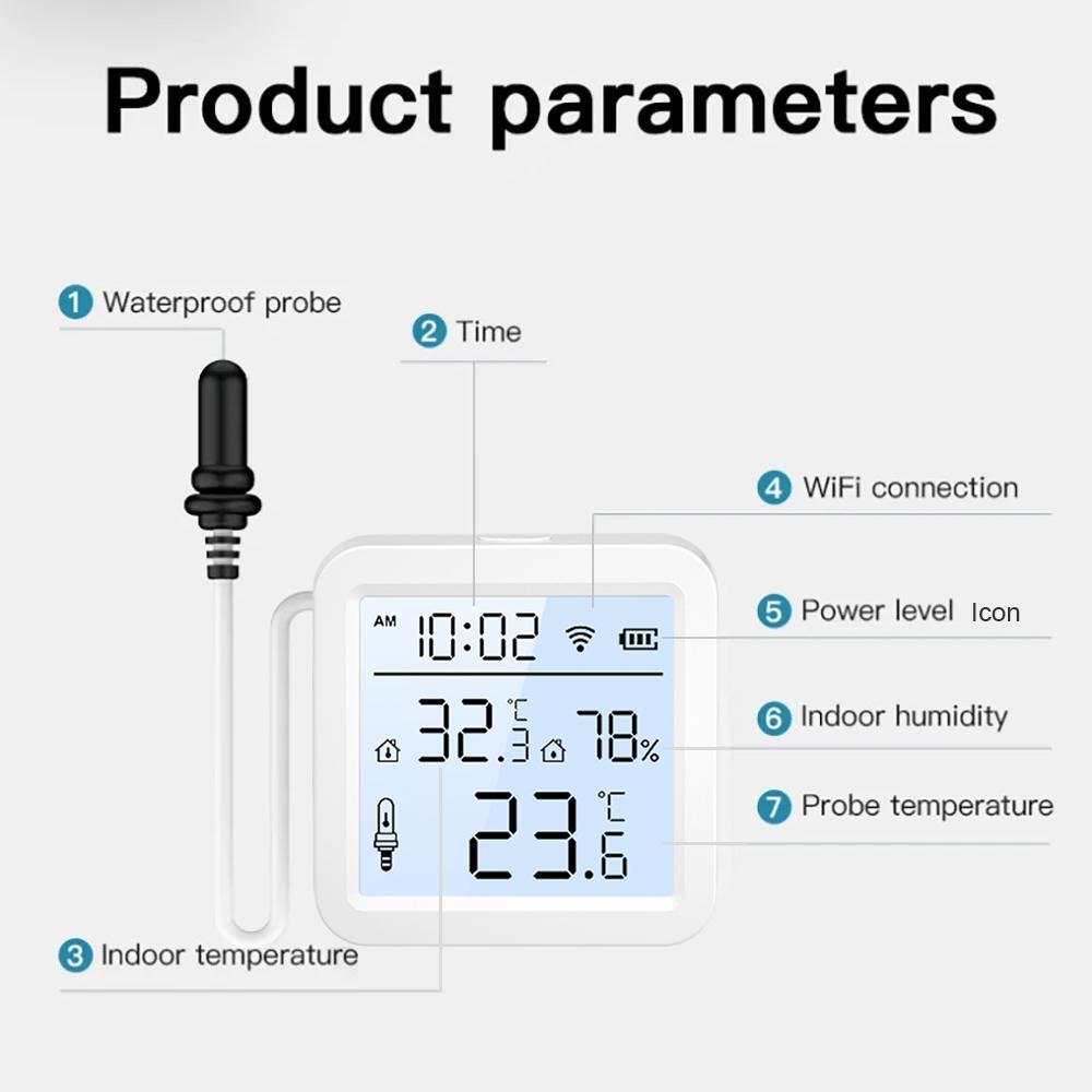 ONENUO Tuya WiFi Humidity Temperature Sensor with External Probe LCD Thermometer for Smart Home APP Monitoring for Refrigerator