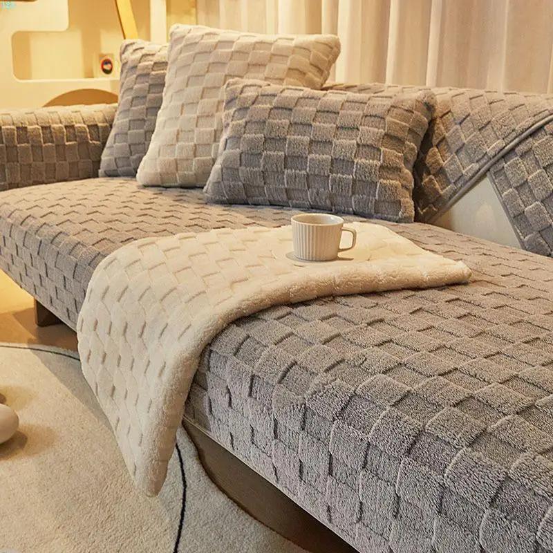Simple Style Plush Sofa Cushion Nordic Non-Slip Cushion Backrest Cover Towel Furniture Protector for Bedroom Living Room