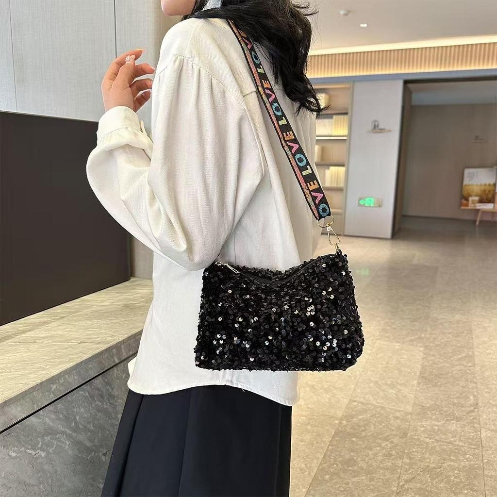 Yogodlns Luxury Women Sequins Wide Strap Shoulder Bag Fashion Shine Casual Crossbody  Bag Female Hip Hop Belt Bags Trend