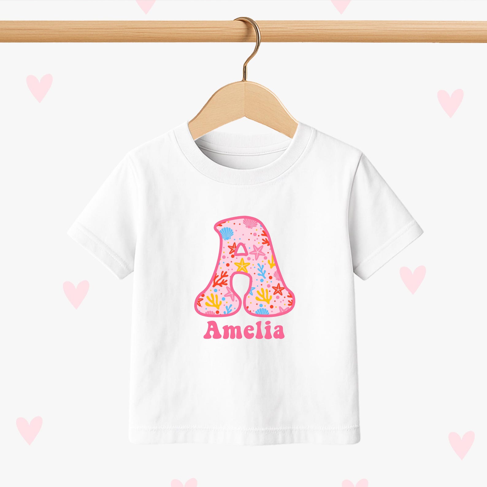 Mermaid Ocean Personalised Kids T-shirt, Children Name Initial Gift, Seashell Theme Clothing 120