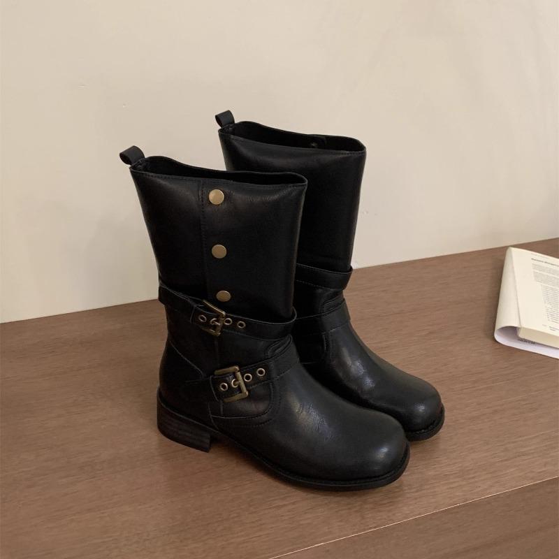 Men Women Boots SlipOn Street Style Belt Buckle Western Ankle Thick Heel Shoes Female Vintage Slip Short Booties Muje