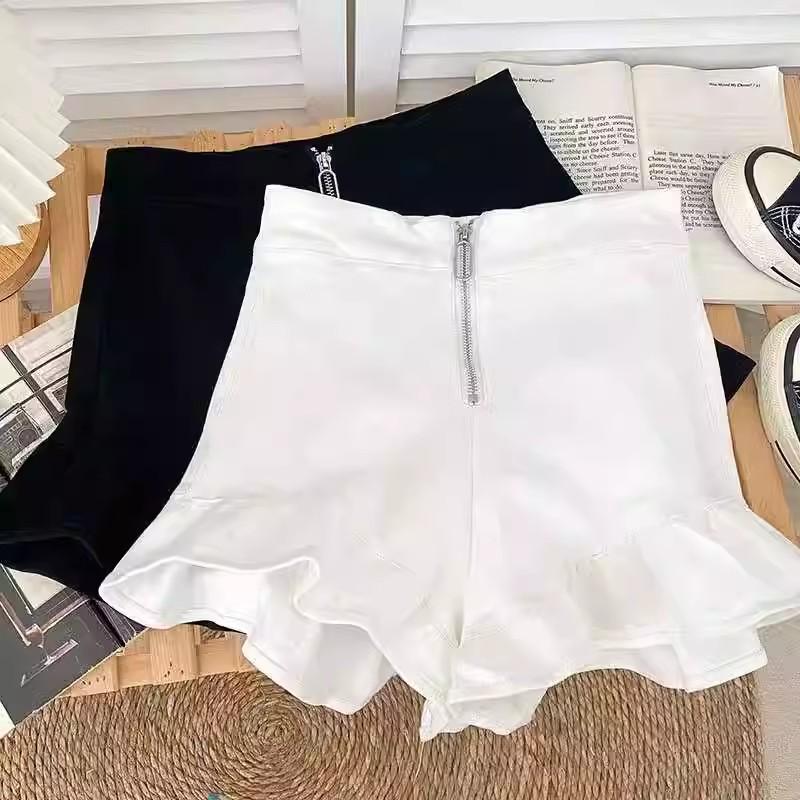 

2024 Женские шорты с высокой талией, оборками, молнией, широкими штанинами, стройнящие - Сладкий летний кэжуал Small белый