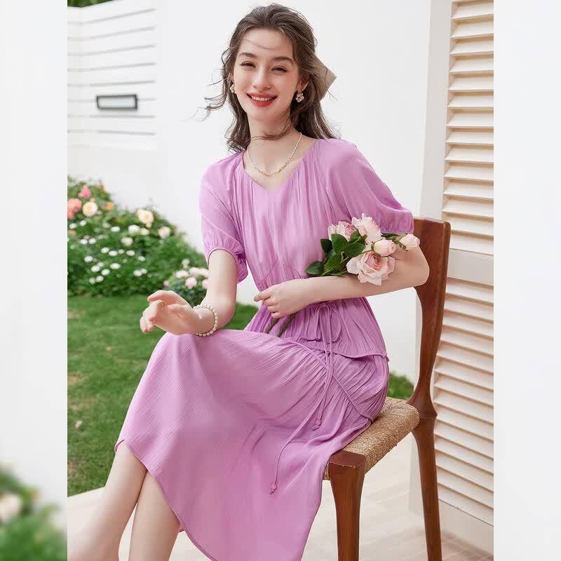French V-Neck Pleated Maxi Dress