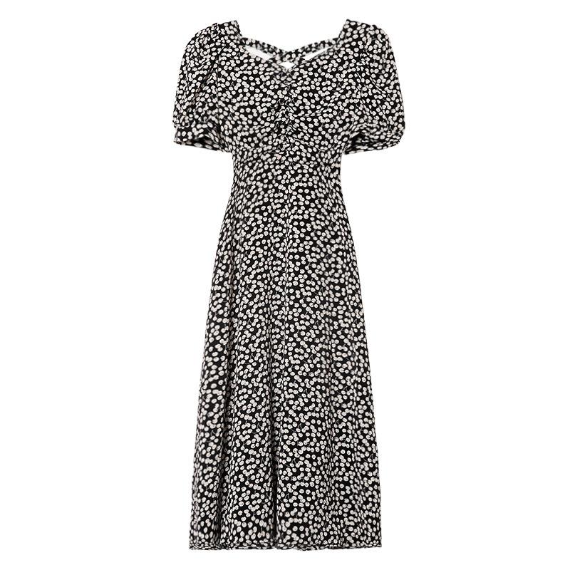 Sommer Taille Mittellang Neckholder Aushöhlung Französische Puffärmel Quadratischer Kragen Kurzärmliges Blumenkleid