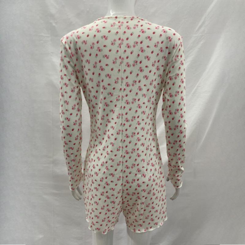 Y2K early autumn floral pattern round neck threaded anti stripe long sleeved jumpsuit