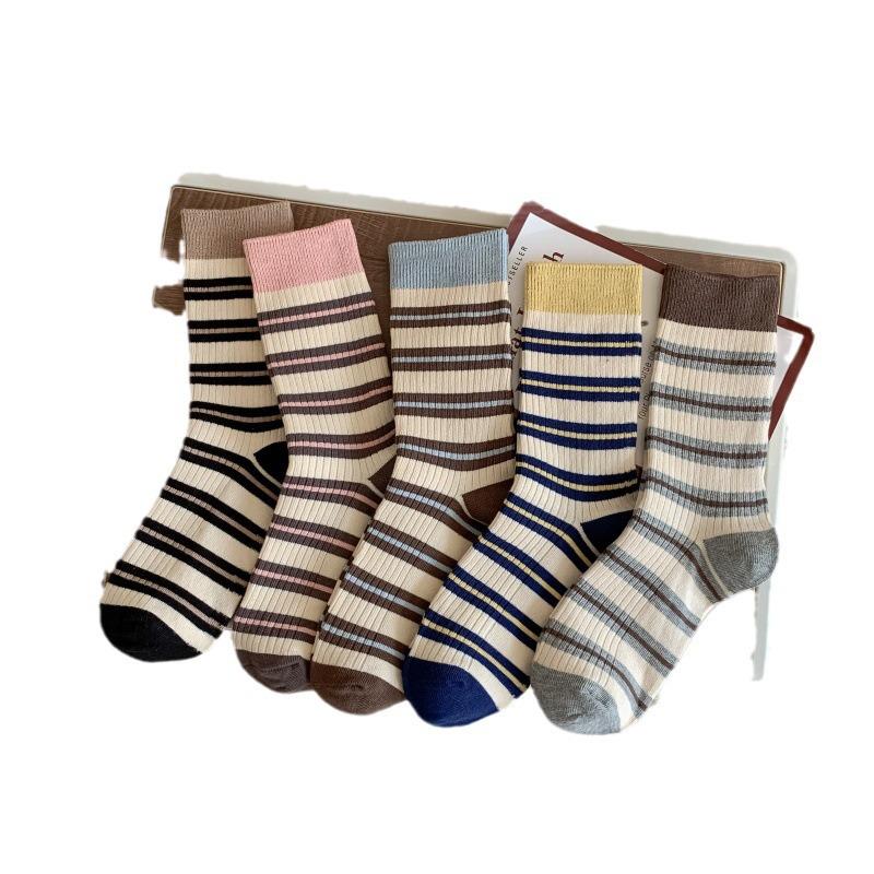 Korean Striped Color Block Mid-Calf Socks for Women - Autumn/Winter Cotton Versatile Xiaohongshu Style.