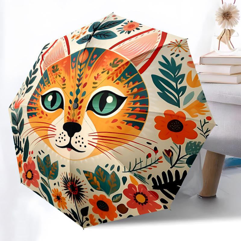 1pc Cat Floral Print Automatic Folding Umbrella, Portable & Foldable Design with 8 Ribs, Casual Outdoor Accessory Halloween and Christmas gi