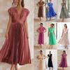 Abito midi da donna con scollo a V senza maniche, vestibilità ampia, vita media, plissettato, in raso, per invitati al matrimonio, prendisole