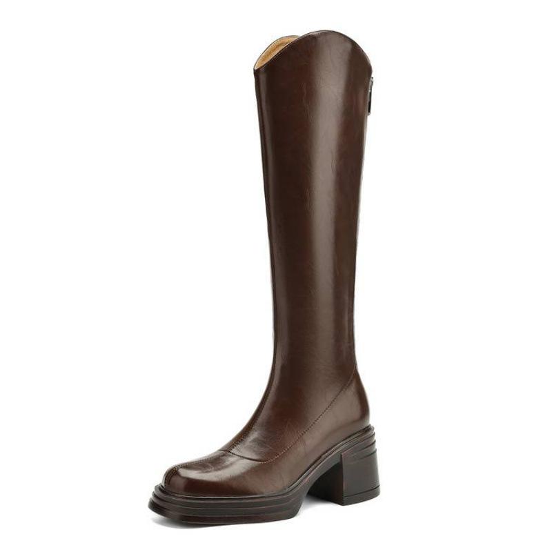 Autumn and Winter Women's Solid Color Large Size Fashion Boots New High Heel Thick Sole Round Head Comfortable Zipper Square Heel Women's Boots