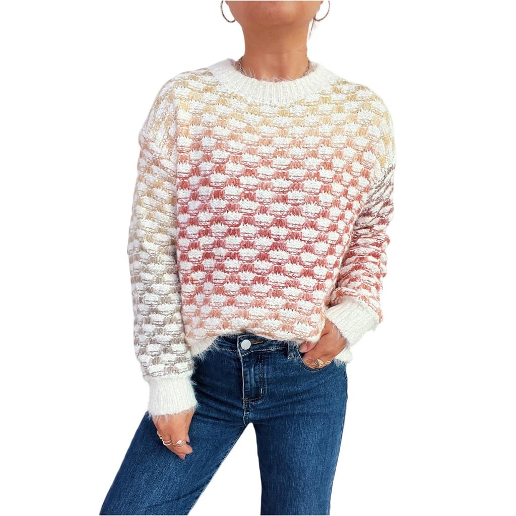 Women's Fashion Casual Loose Pattern Gradient Color Long Sleeve Round Neck Pullover Knit Sweater
