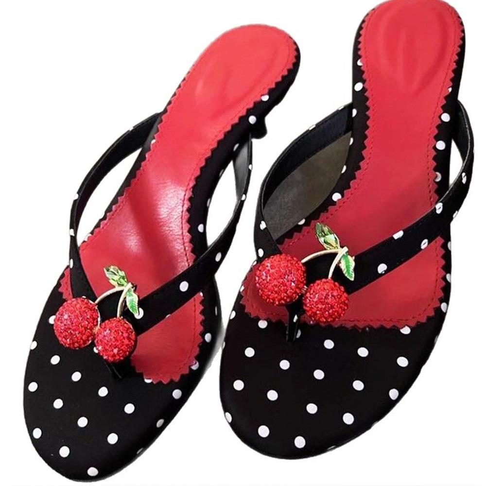 

Sheepskin summer French polka dot cherry flip-flops high heels 2025 new casual versatile foot sandals women 40