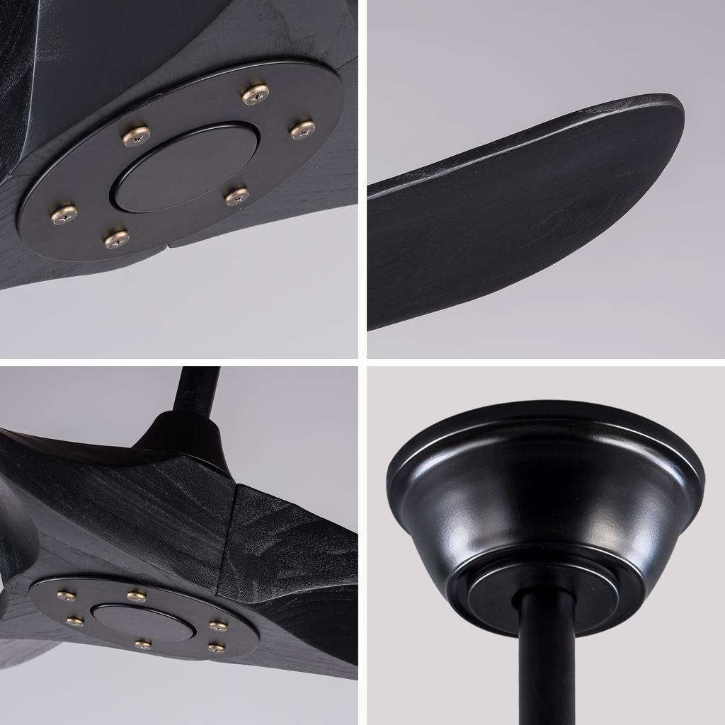 52-Inch Ceiling Fan in Black, 3 Solid Wood Blades, without Lighting, with Remote Control, 6-speed reversible operation, and speed memory function
