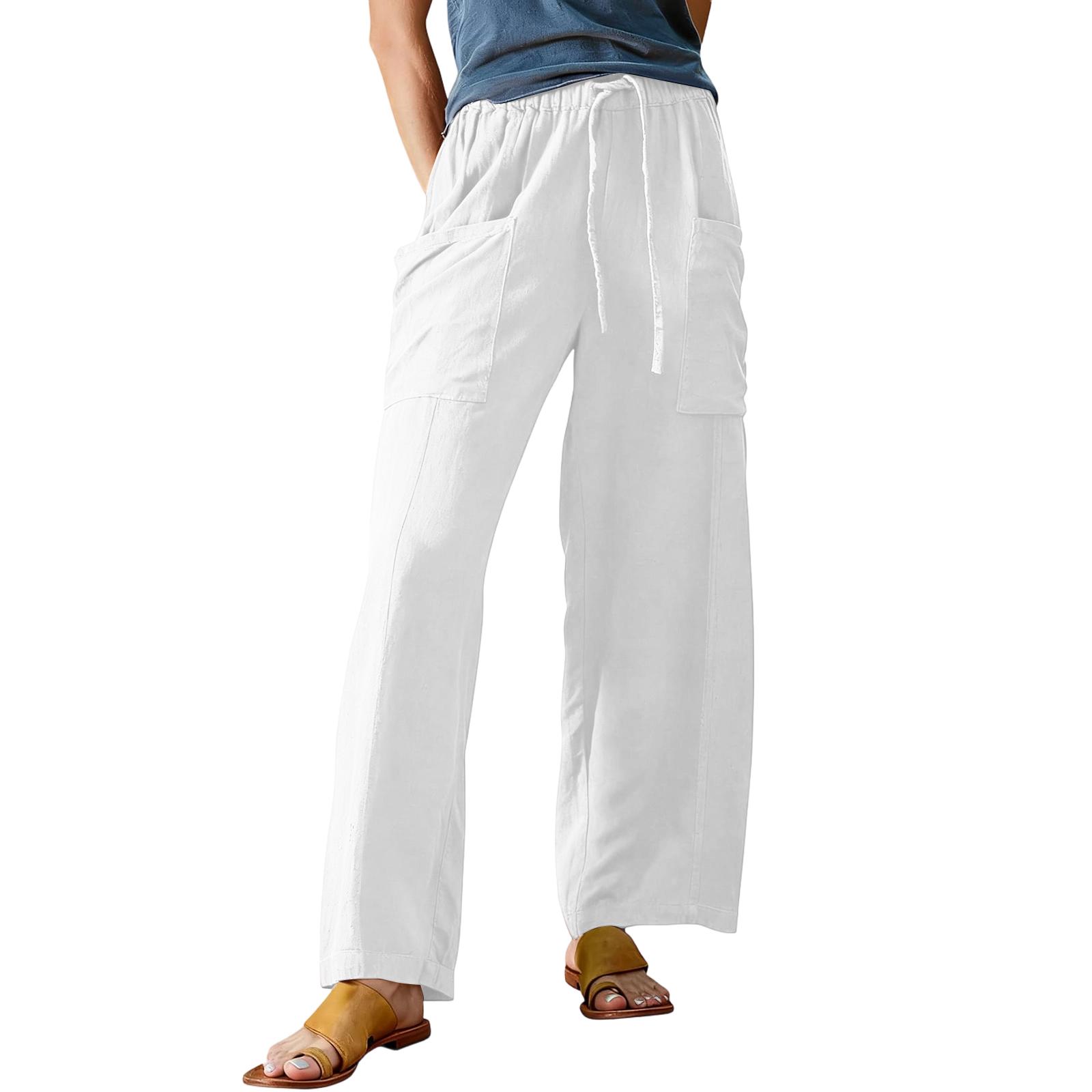 

Women s Color Elastic Waist Breathable Loose Cotton And Linen Pants XL білий