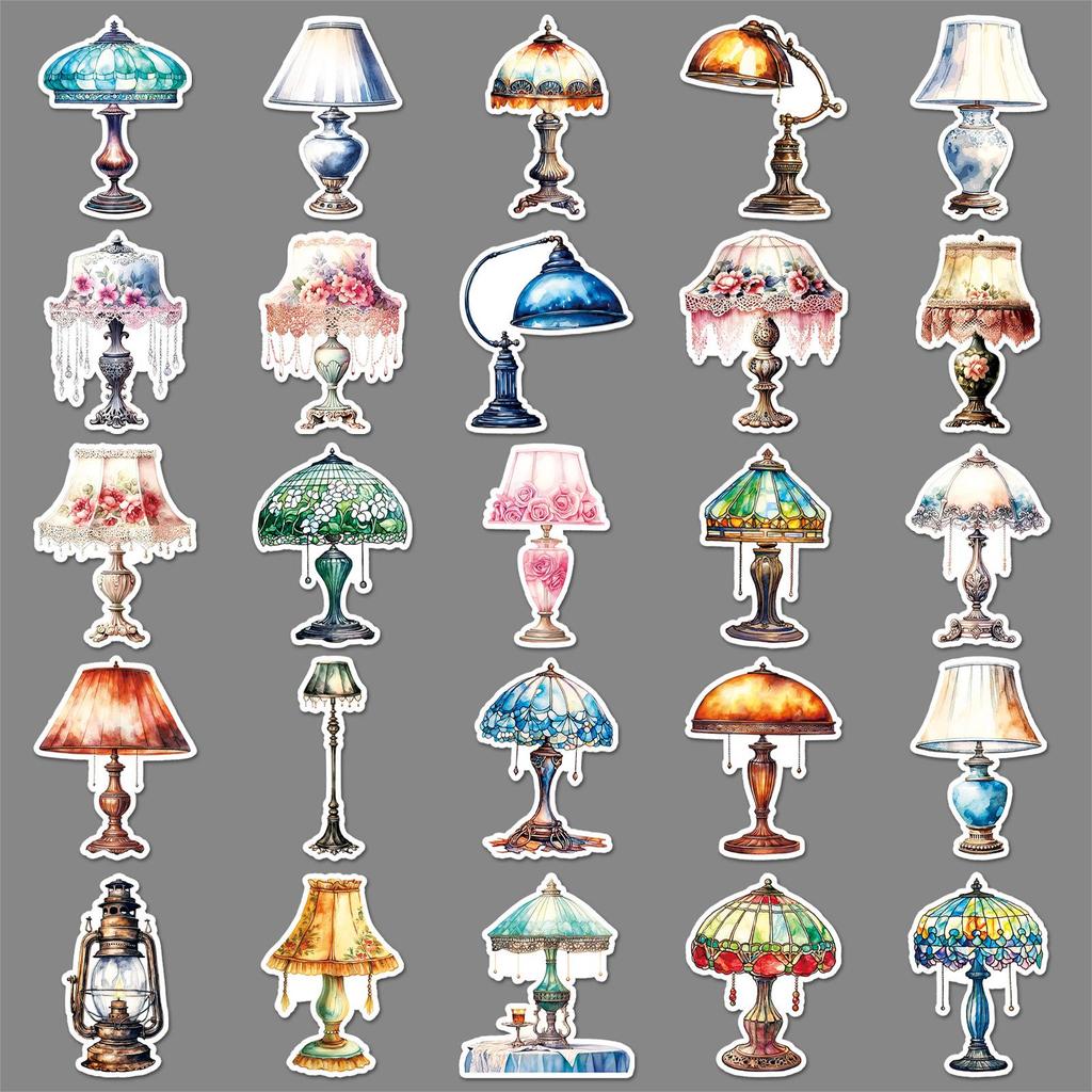 Retro Desk Lamp Stickers - 50pcs Cartoon Creative Waterproof DIY Wall, Glass, and Journal Decoration Stationery.