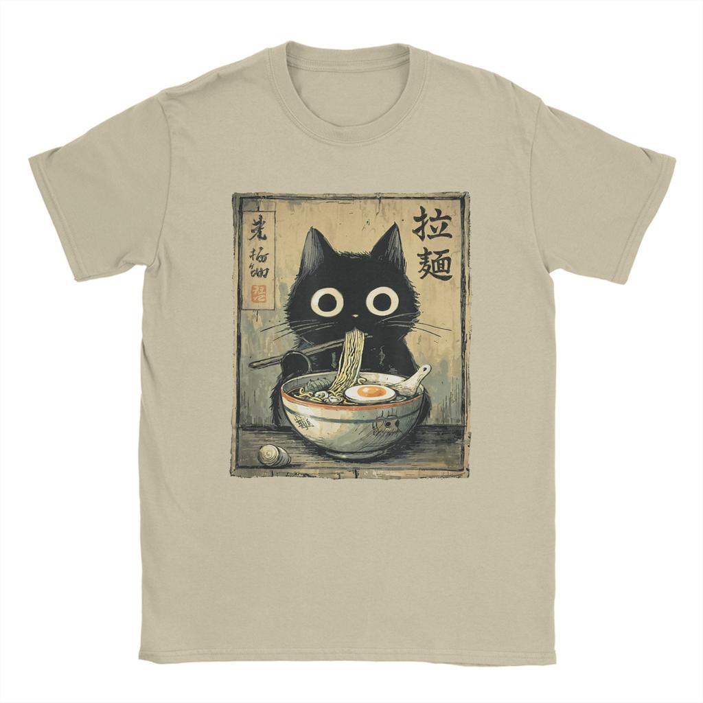 Kawaii RaUnisex Cat Retro Japanese Noodles Artwork Unisex T Shirt Vintage Tee Shirt Short Sleeve O Neck TShirt Cotton Gift Idea Tops