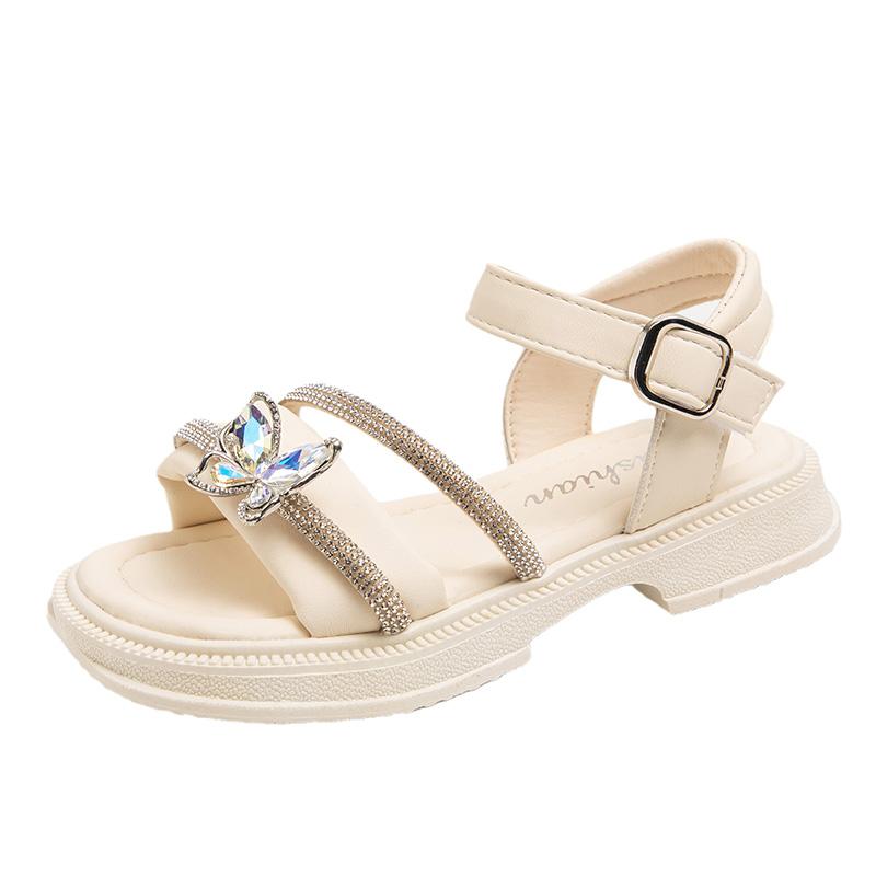 

Сандалии принцессы для девочек с бабочкой-узлом, детские сандалии со стразами, летняя модная детская обувь для выступлений, нескользящая 2024 37 бежевый