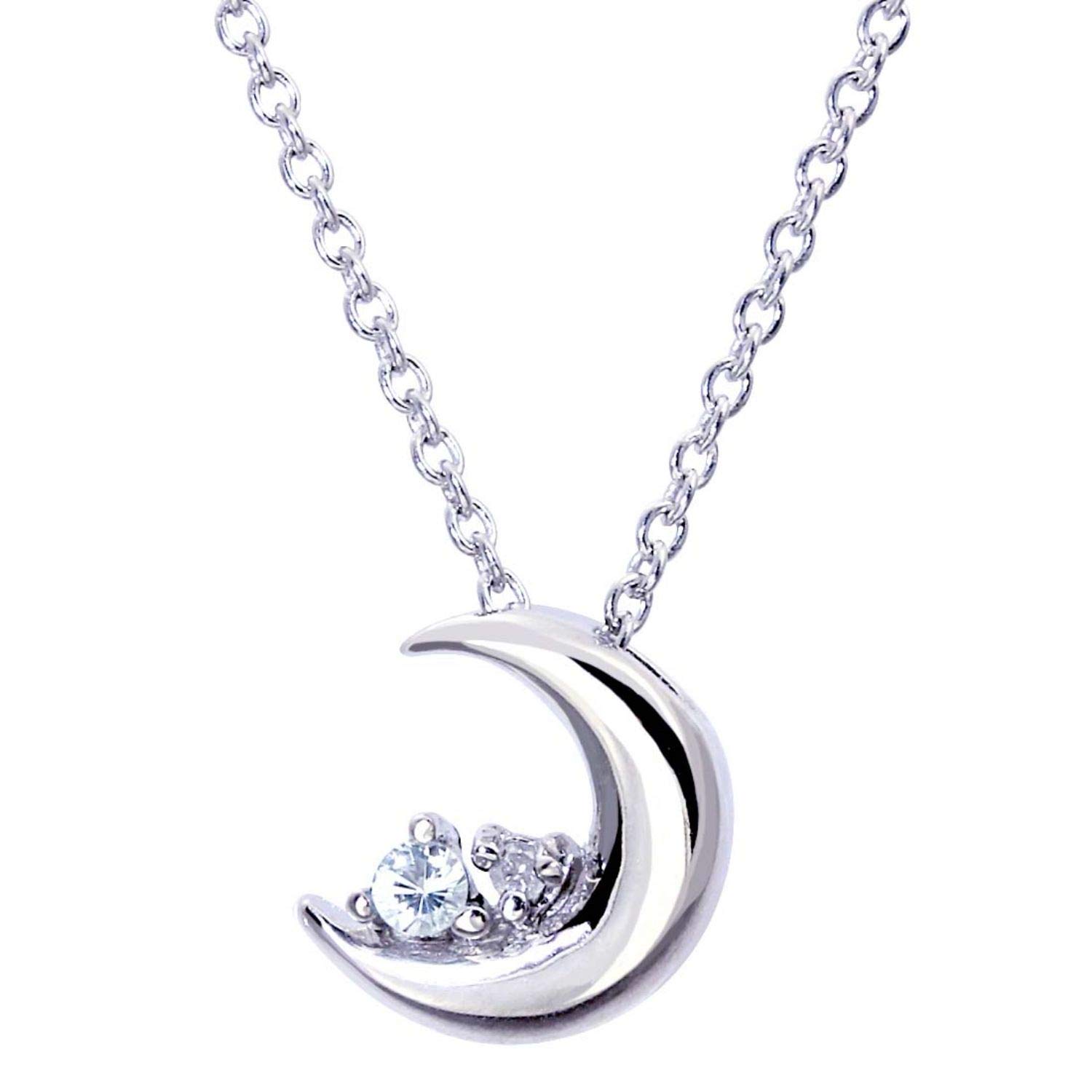 

Natural Diamond Silver Necklace Crescent Moon Aquamarine March Birthstone [Sears] Women s e1625-03