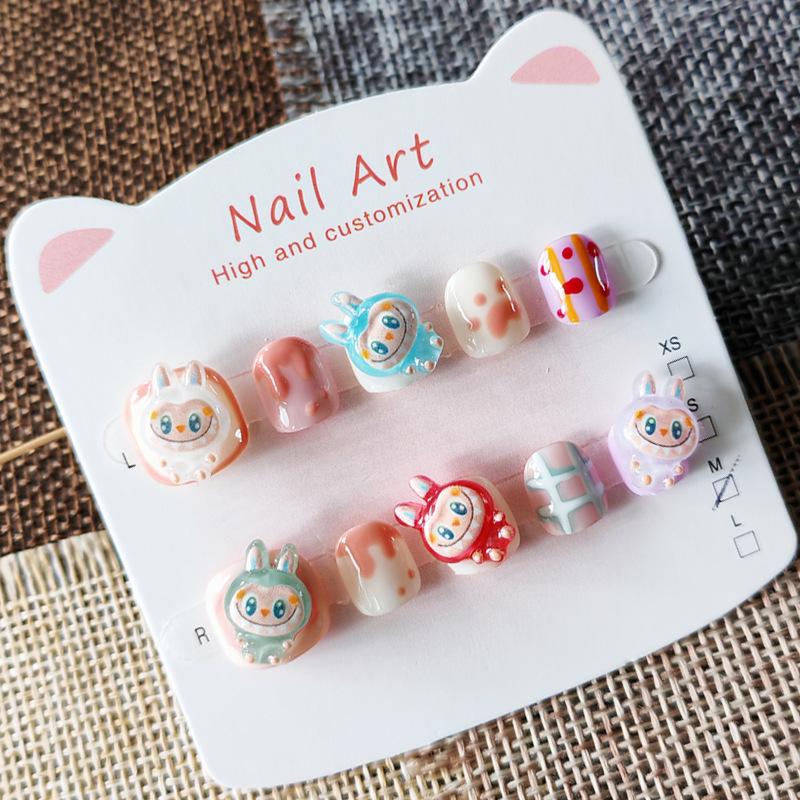 Labubu Kids' Wearable Nail Stickers - Handmade Manicure for Ages 3-12