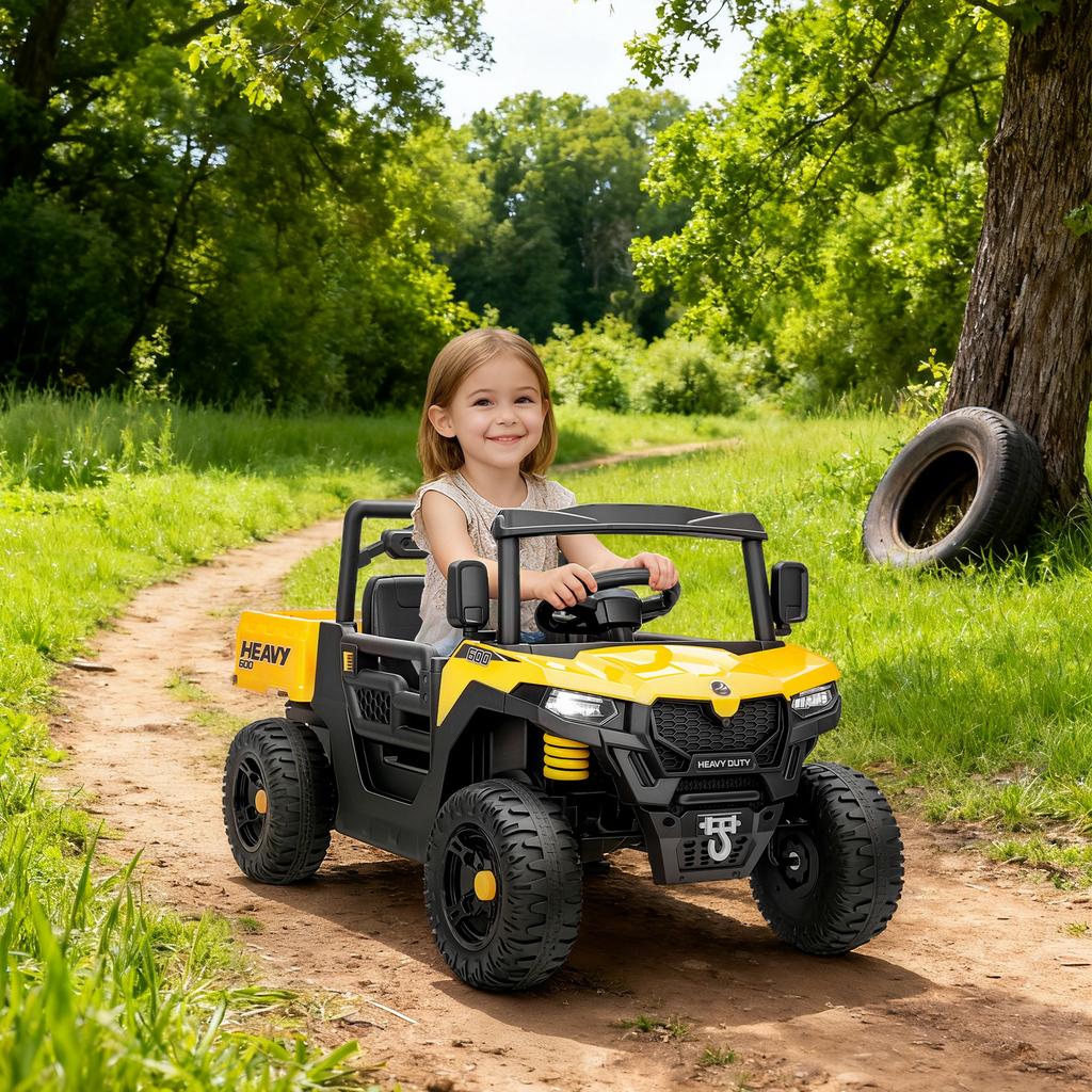 Kids Ride on Car, 12V Electric Kids UTV with Electric Dump Bed, 4-Wheel Suspension for 3-8 Years, Yellow