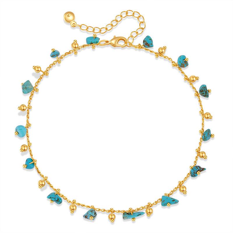 Gold Plated Stainless Steel Raw Turquoise Chip Bead Anklet
